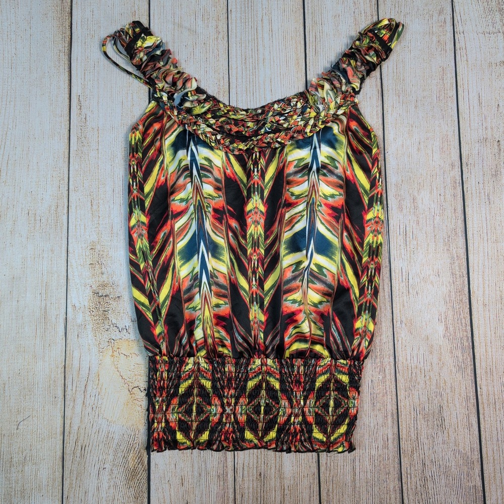 XOXO Y2K Sleeveless too Smocked Waist Abstract‎ Print Top Multicolor S